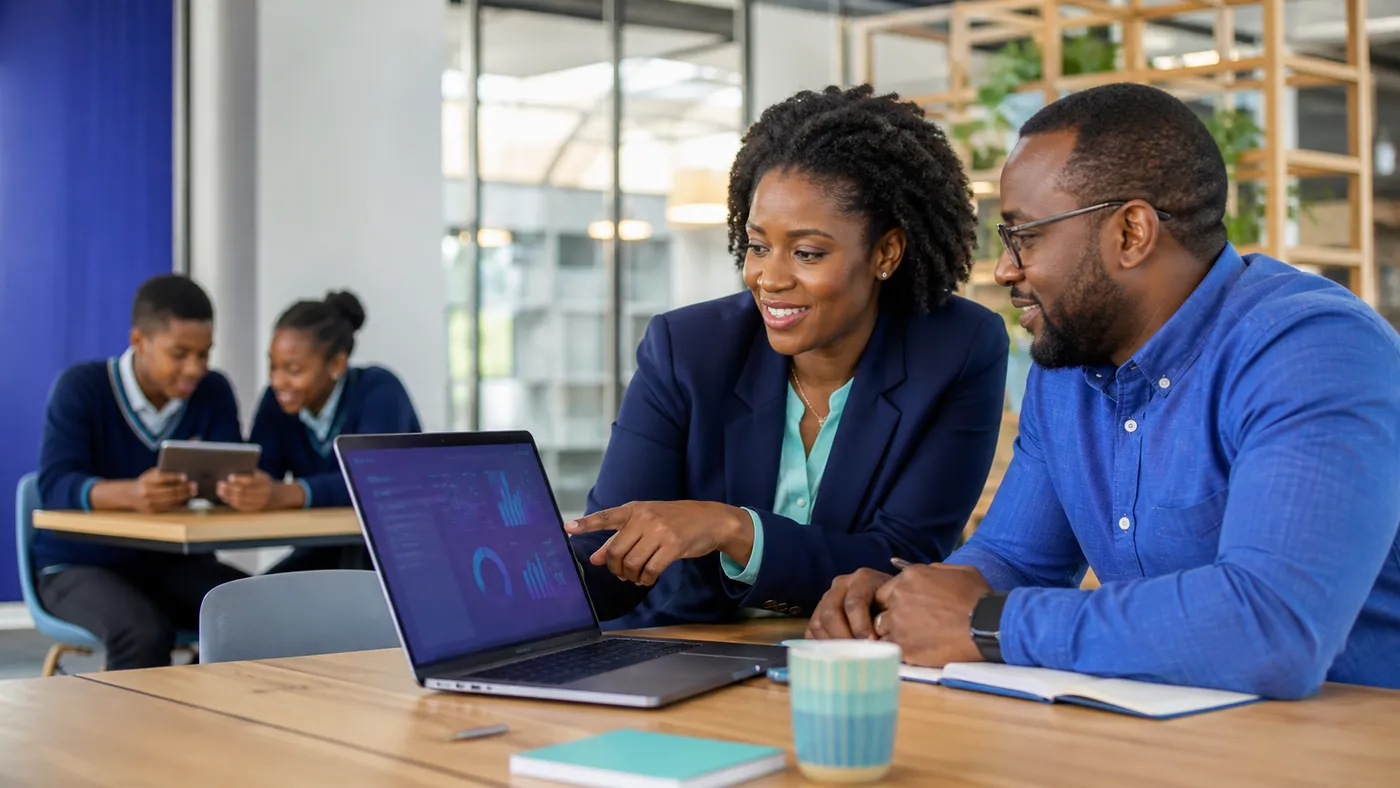 Une responsable et un enseignant analysent ensemble la progression des apprenants